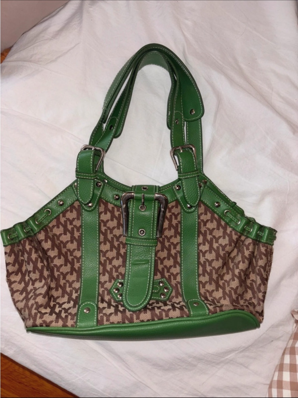 American Vintage Green Trim Brown Patterned Shoulder Bag